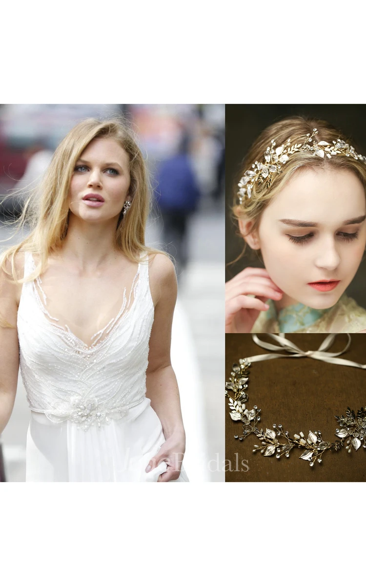 Chiffon Lace Weddig Dress With Beading Sequins Flower and Western Style Bride Crystal Diamond Fresh Headdress