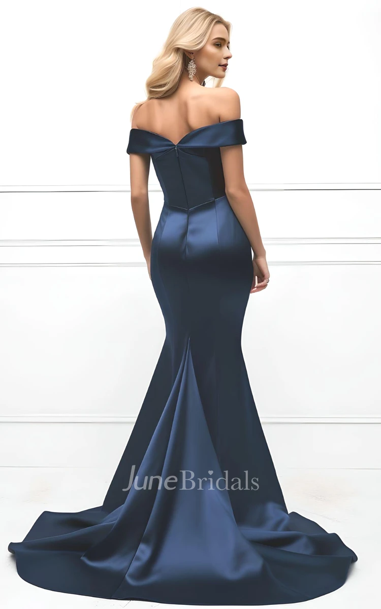 Sexy Mermaid Off-the-shoulder Satin Sleeveless Prom Dress with Sweep Train Simple Ethereal Modern Floor-length