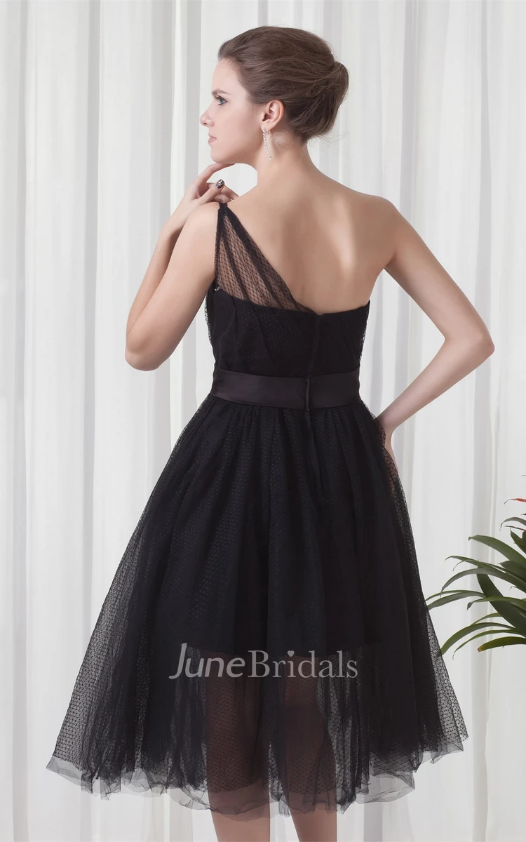 One-Shoulder A-Line Tulle Tea-Length Dress with Ruching