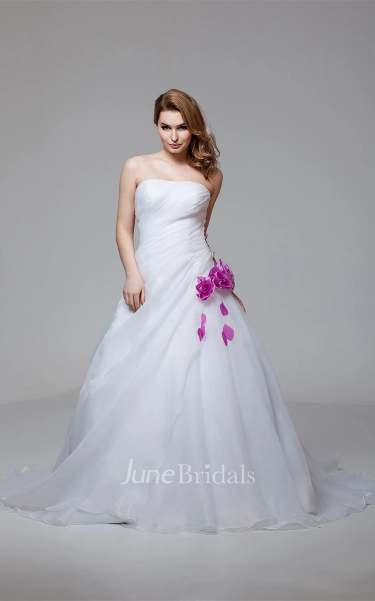 Strapless Side-Ruched A-Line Dress with Flower and Bolero