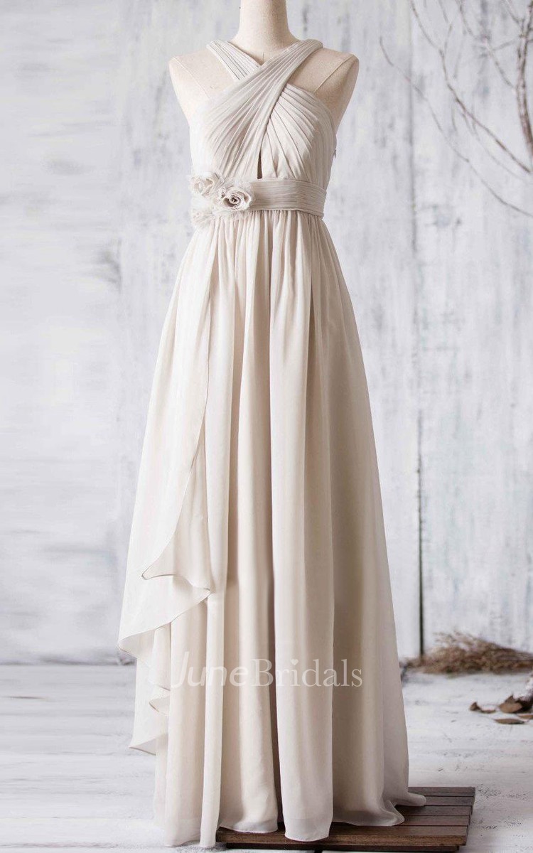 Criss Cross Top V Back A line Pleated Chiffon Long Dress With Side Drop June Bridals