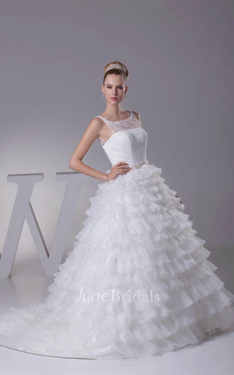 Tiered A-Line Ruffled Ball Gown with Illusion Neckline