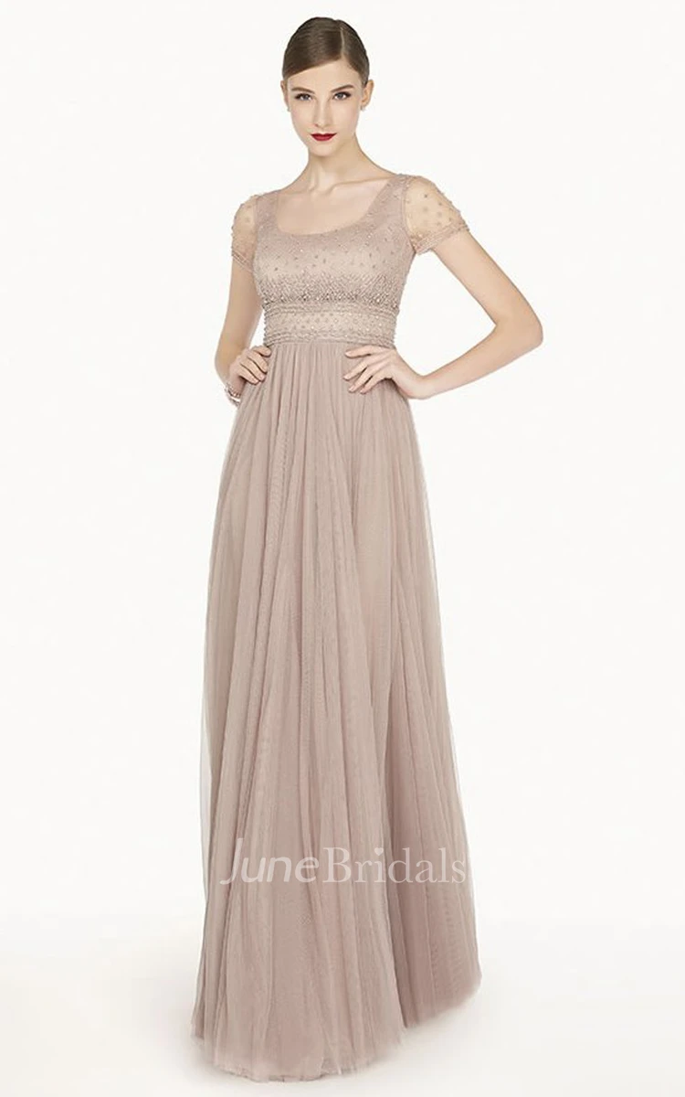Modest Elegant Short Sleeve Tulle Sheath Square Neck Long Prom Dress with Empire Waist and Crystals