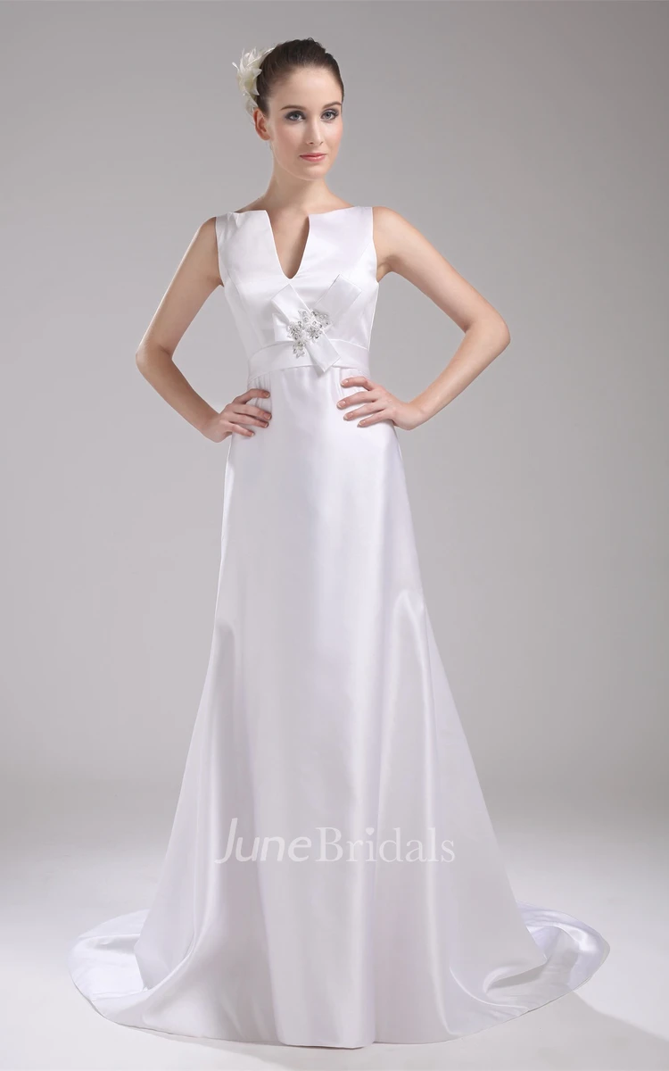 Notched Sleeveless Satin Maxi Dress with Beading and Bow