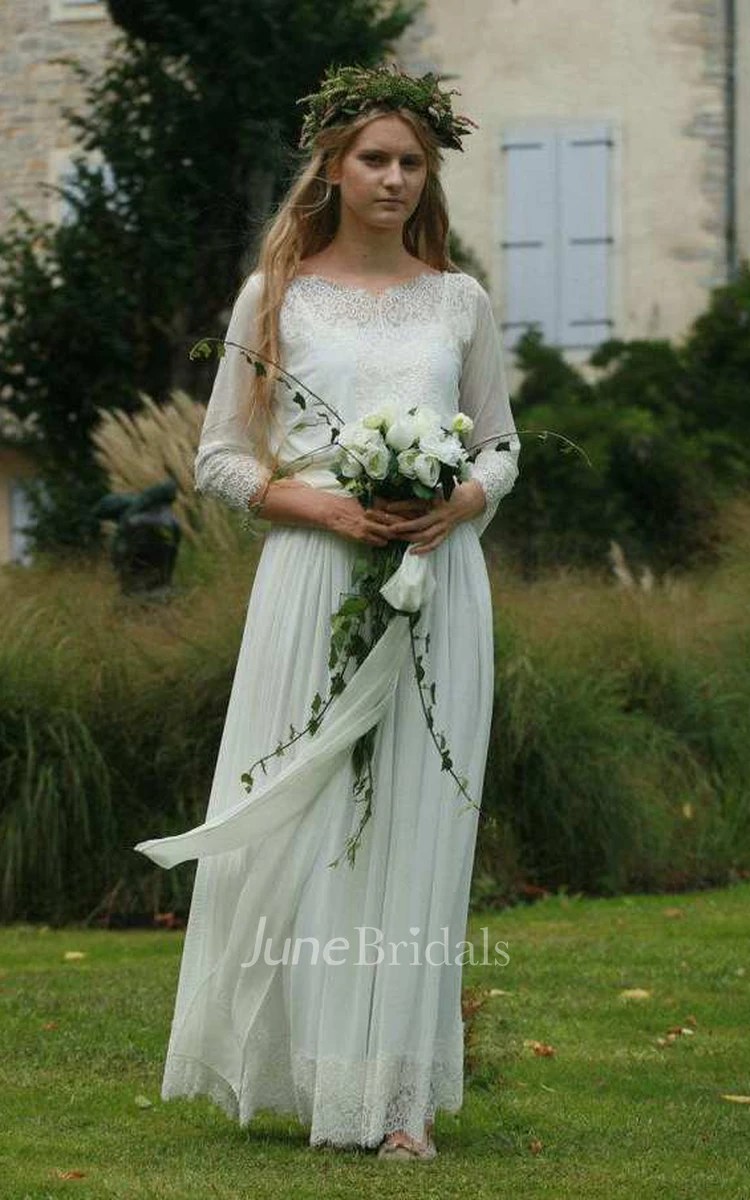 Bateau Long Sleeve Lace Chiffon Pleated Wedding Dress