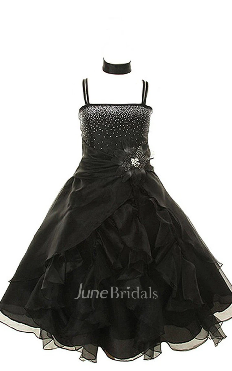 Sleeveless A-line Dress With Ruffles and Beadings