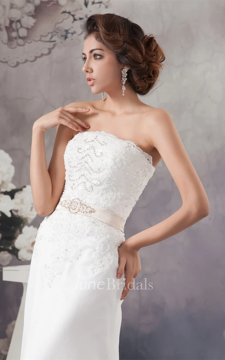 Strapless A-Line Beaded Dress with Lace and Brush Train