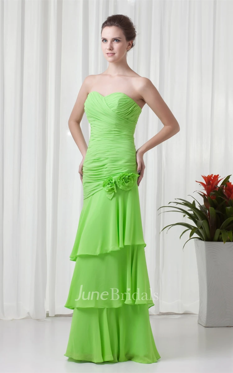 chiffon criss-cross maxi sweetheart dress with tiers and flower