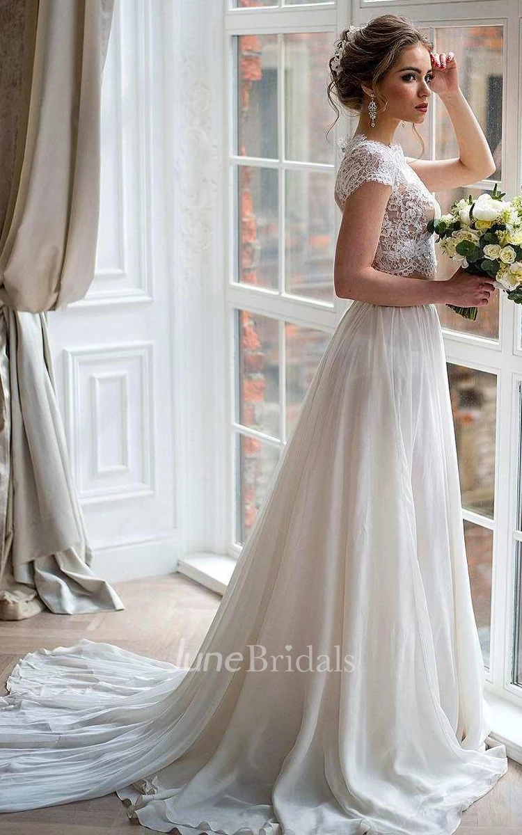 Bateau Short Sleeve Two-Piece Chiffon Wedding Dress With Lace Top and Fairy Chiffon Feathers Natural Pearl Diamond Hairpin