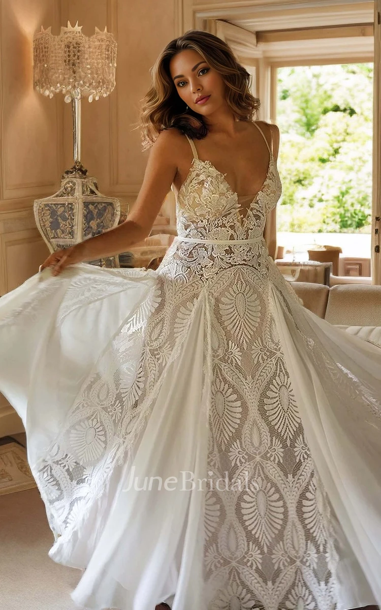 Beach Floral A-Line Boho Lace Spaghetti Straps Wedding Dress Elopement Plunging Low Back Sweep Train Bridal Gown