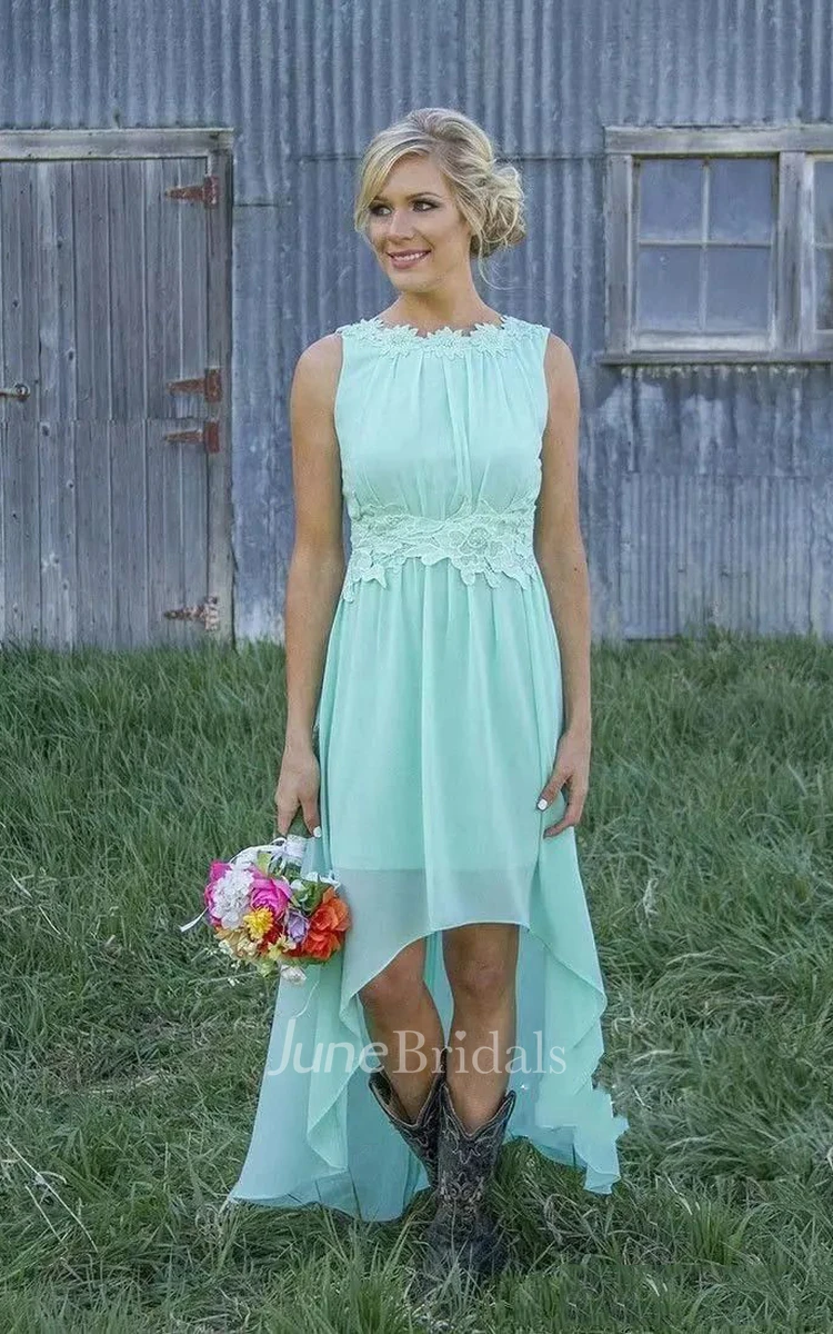 A-line Jewel Sleeveless High-low Chiffon Bridesmaid Dress with Appliques and Ruching