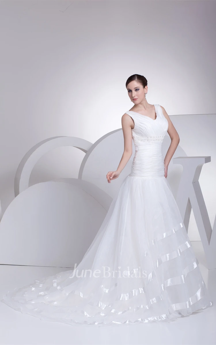 V-Neck Sleeveless A-Line Dress with Beading and Tulle Overlay