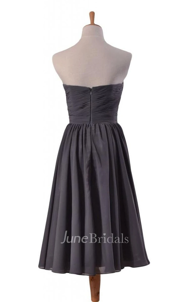 Strapless Asymmetrical Bodice Knee-length Pleated Chiffon Dress