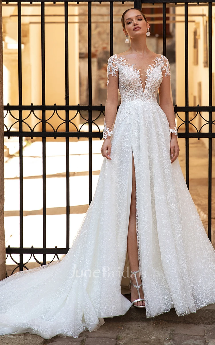 Sexy A Line Sweep Train Tulle Wedding Dress with Split Front and Beading