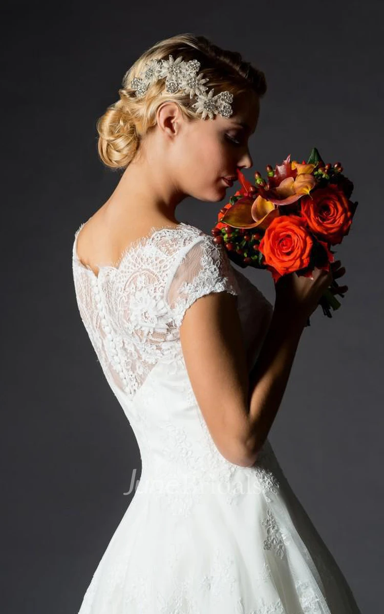 Vintage 1950s Tea-length A-Line Cap Sleeves Lace Wedding Dress