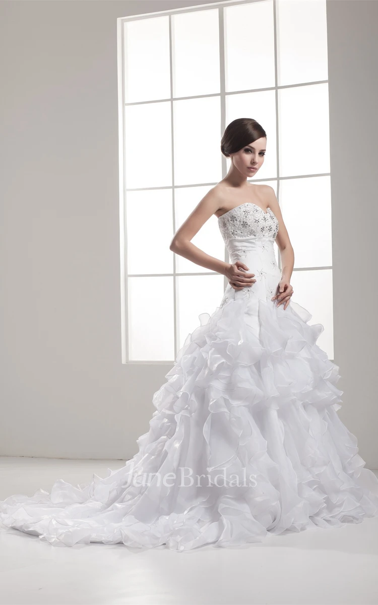 Strapless A-Line Appliqued Gown with Jewels and Ruffles