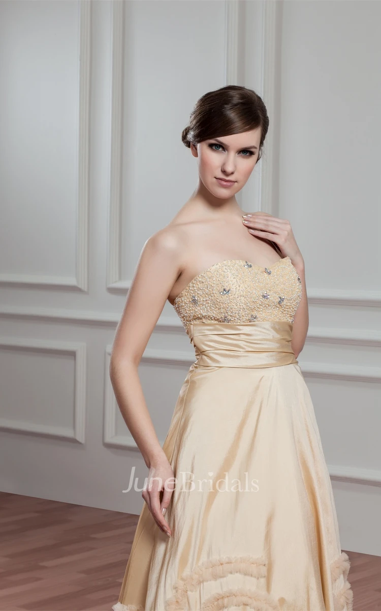 Sweetheart Pleated A-Line Gown with Ruffles and Beaded Top