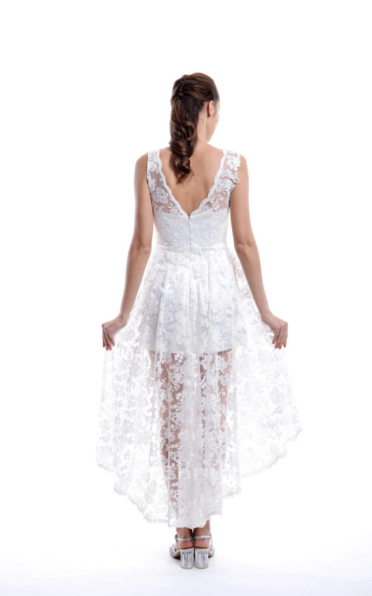 Short White V-neck Lace Dress With Low-V Back