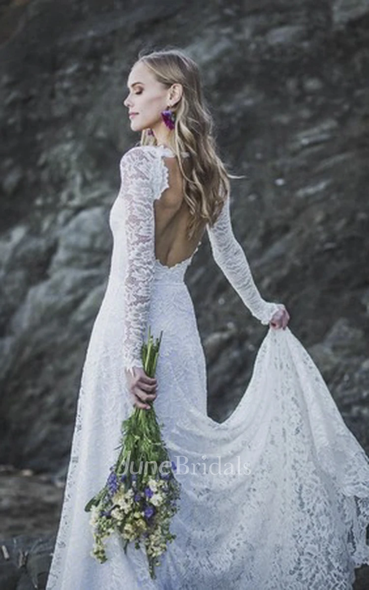 Long Sleeve Sexy A-line Lace Wedding Dress With V-neck And Keyhole