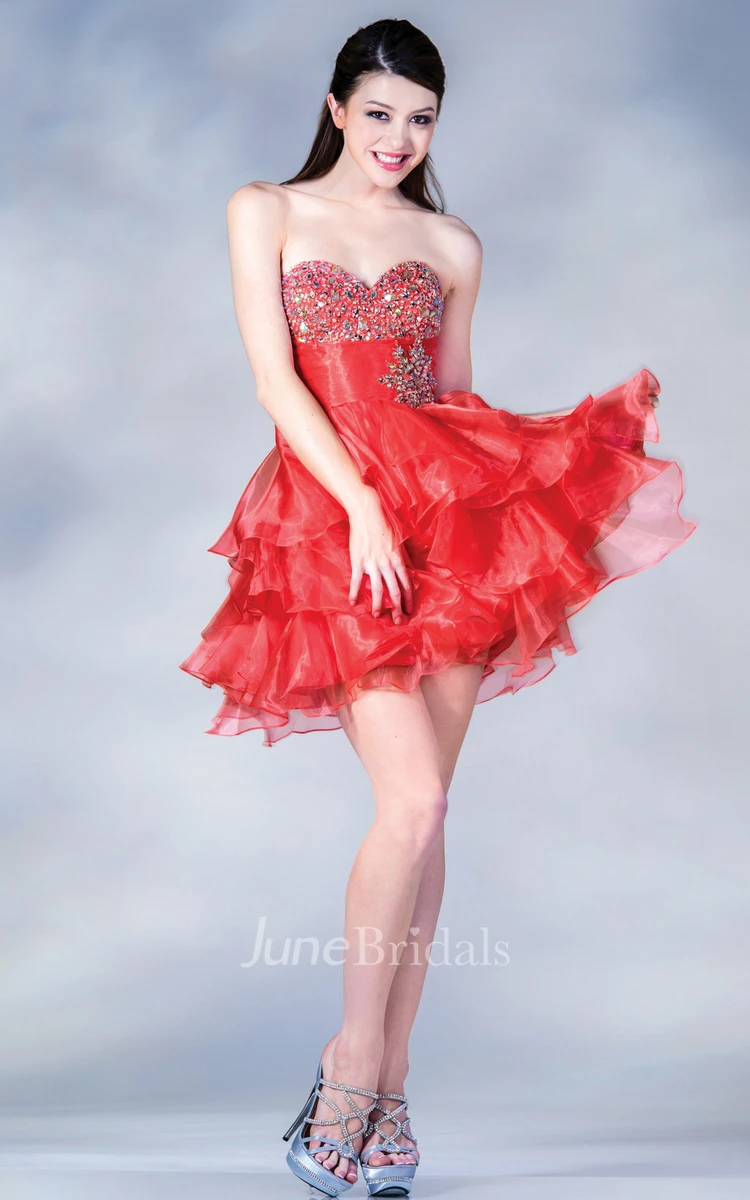 A-Line Short Sweetheart Sleeveless Organza Dress With Beading And Ruffles