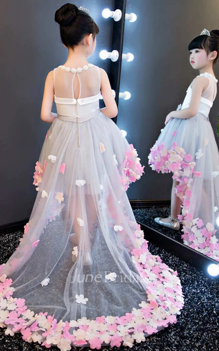 Sleeveless Pearl Neckline High Low Tulle Dress With Flowers