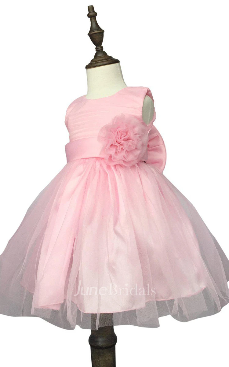 Sleeveless A-line Pleated Dress With Flower and Bow