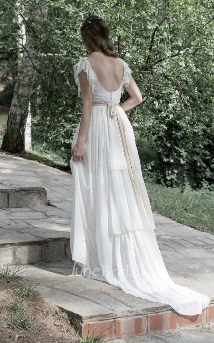 V-Neck Poet-Sleeve Chiffon Pleated Wedding Dress With Appliques And Flower
