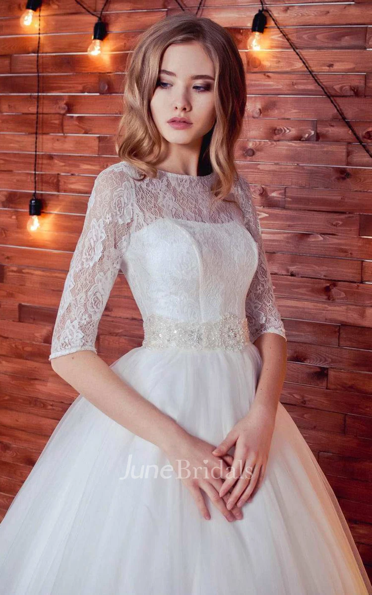 Bateau Lace Half Sleeve Tulle A-Line Ball Gown Wedding Dress With Beading