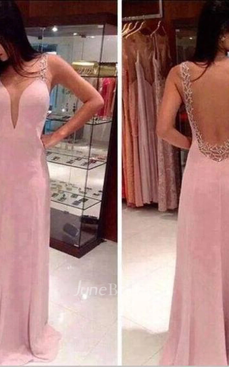 Prom Dresses Deep V Neck Straps Pink Sheer Back Beading Sweep Train Evening Giowns