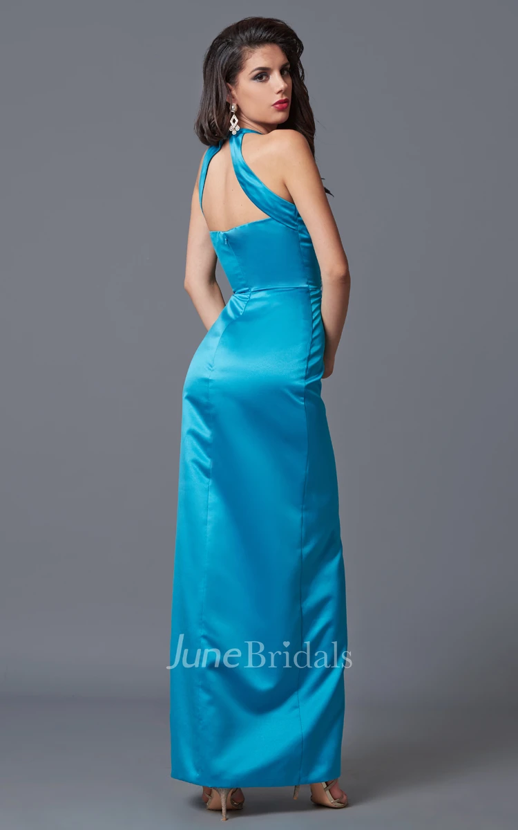 Fabulous V-cut High Neck Long Satin Dress With Side Slit