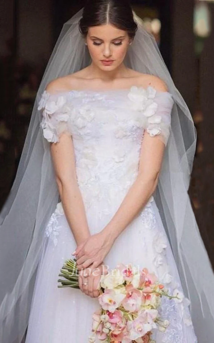 Romantic Garden Style Tulle Off-the-shoulder Cap Short Sleeve A-line Wedding Dress