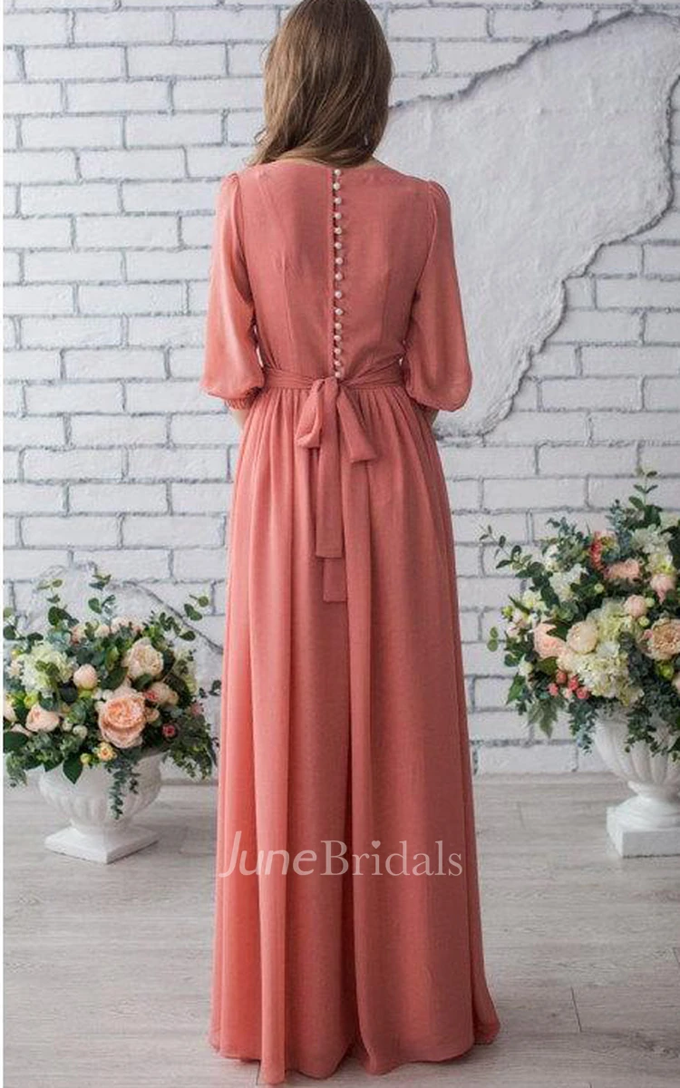 Occasion Long Chiffon Peach Wedding Mother Of The Bride With Sleeve Dress