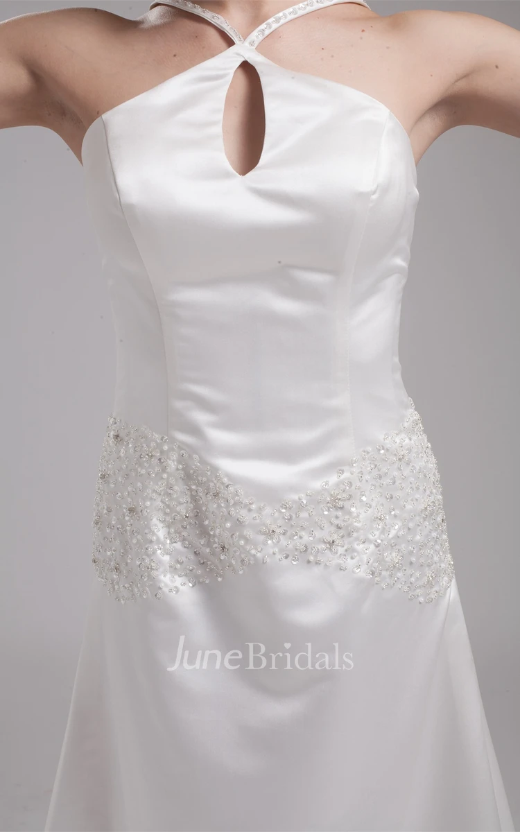 Sleeveless Satin Sheath Dress with Appliques and Brush Train