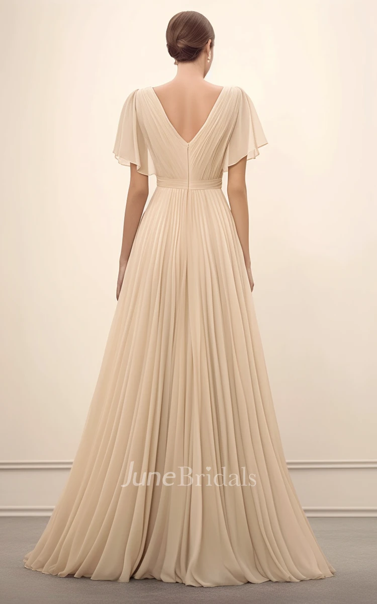 Elegant A-Line V-neck Chiffon Half Sleeve Mother of the Bride Dress Casual Bohemian Floor-length with V-Back