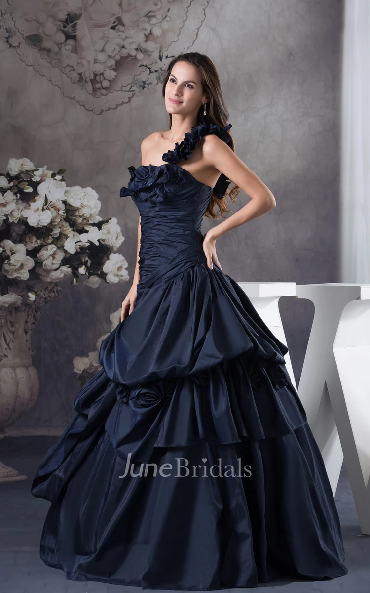 Sleeveless Pick-Up Ruffled Ball Gown with Ruching and Floral Strap