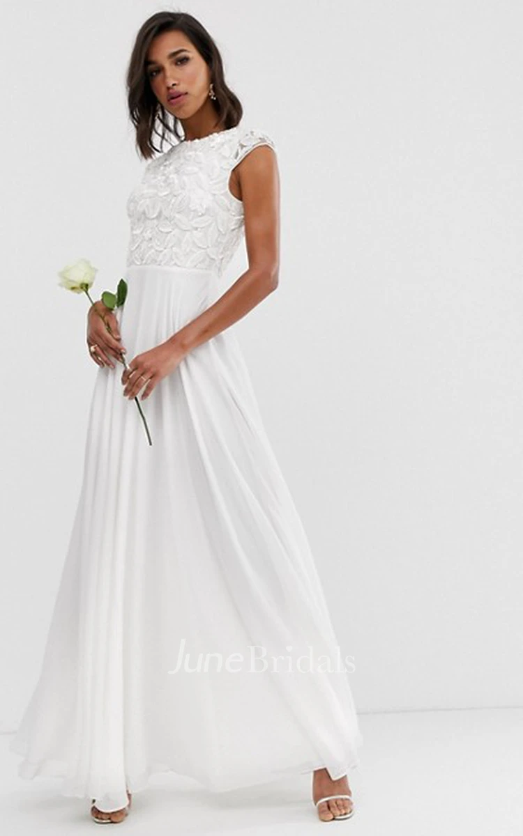 Ethereal Chiffon and Lace Sheath Cap Sleeve Wedding Dress