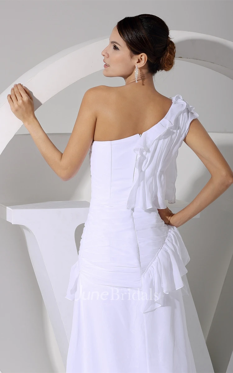 One-Shoulder Chiffon Ruched Dress with Peplum and Front Slit