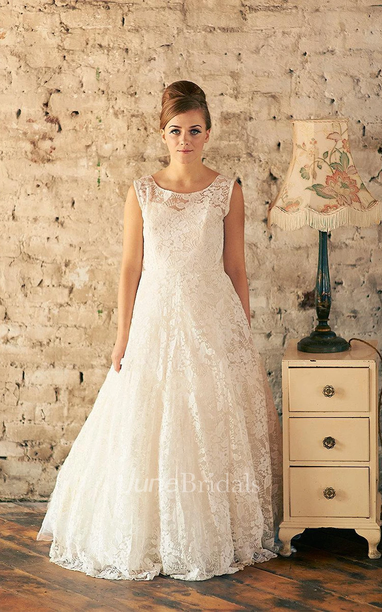 Jewel Neck Sleeveless Low-V Back Long Lace Wedding Dress