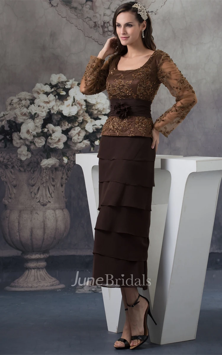 Classic Square-Neck Long-Sleeve Ankle-Length Dress with Tiers and Appliques