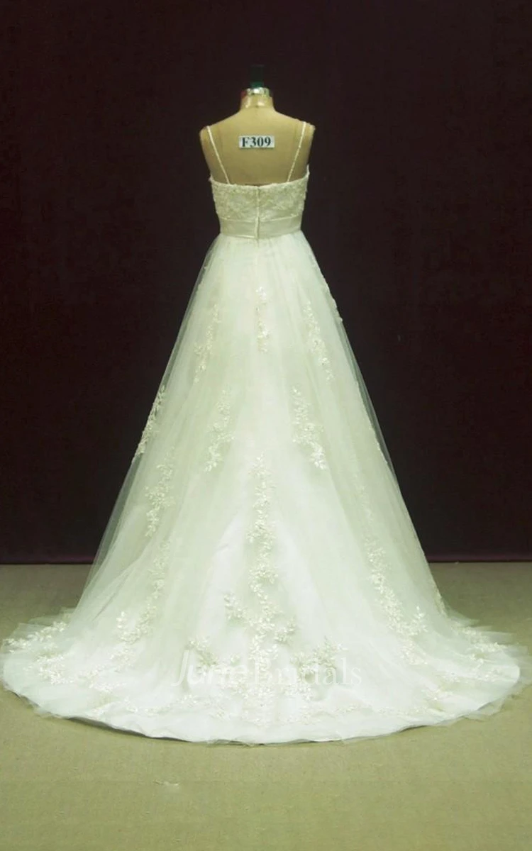 Spaghetti Empire Long Tulle Wedding Dress With Sash And Flower