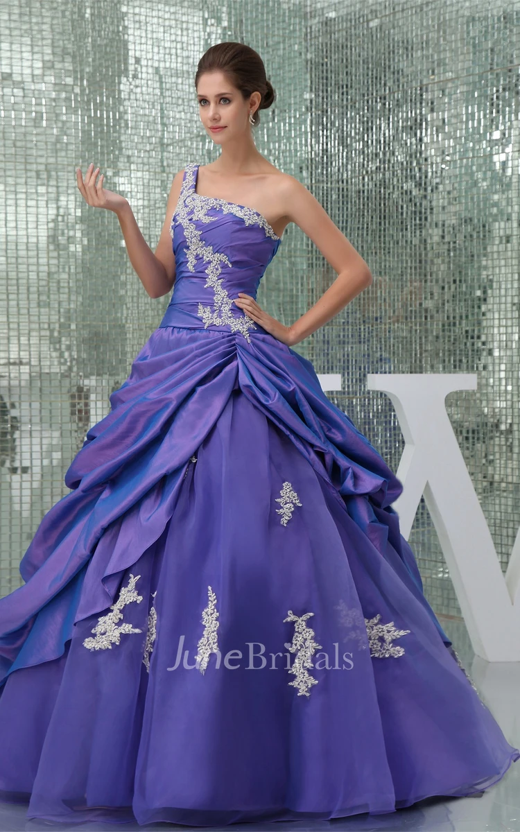 One-Shoulder Ruched Pick-Up Ball Gown with Appliques