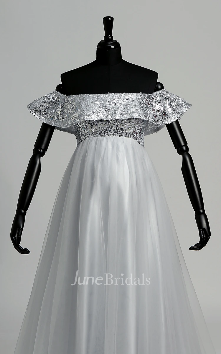 Strapless Sequined Bodice Empire Pleated Tulle Maternity Dress