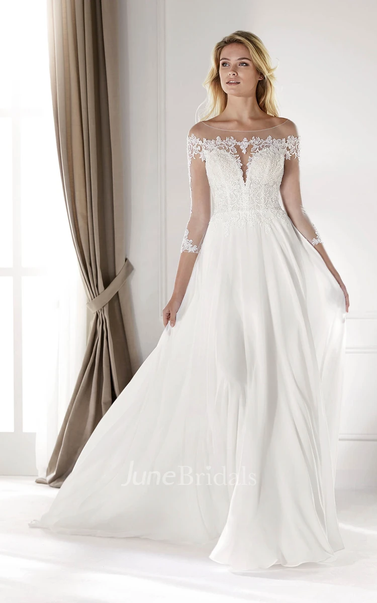 Chiffon 3/4 Sleeves Ethereal Illusion Lace Wedding Dress With Court Train
