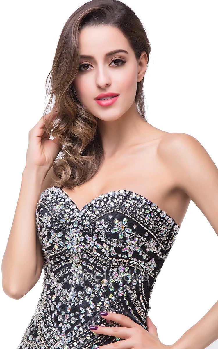 Glamorous Crystals Black Mermaid Prom Dress Sweetheart Sleeveless Zipper