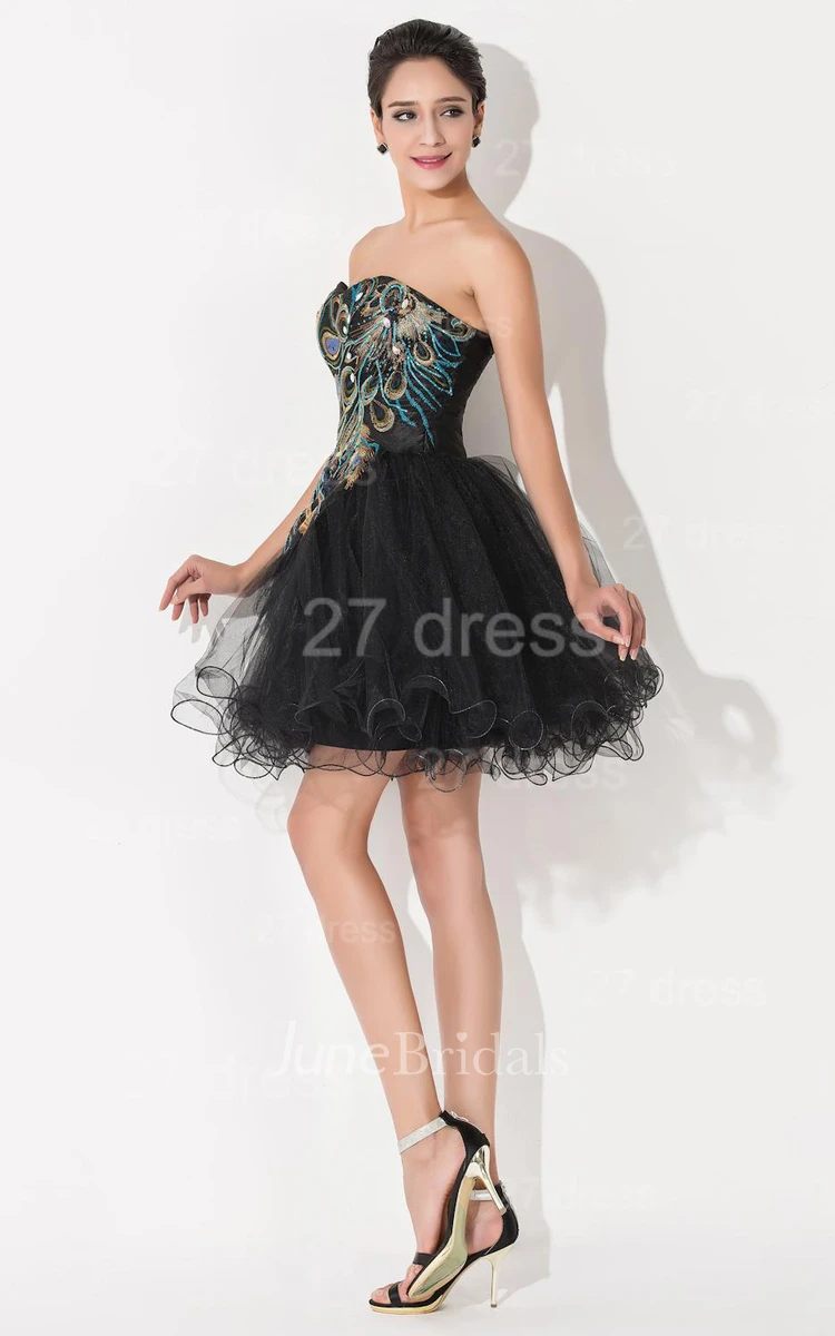 Sexy Black Sweetheart Short Tulle Homecoming Dress Peacock Design