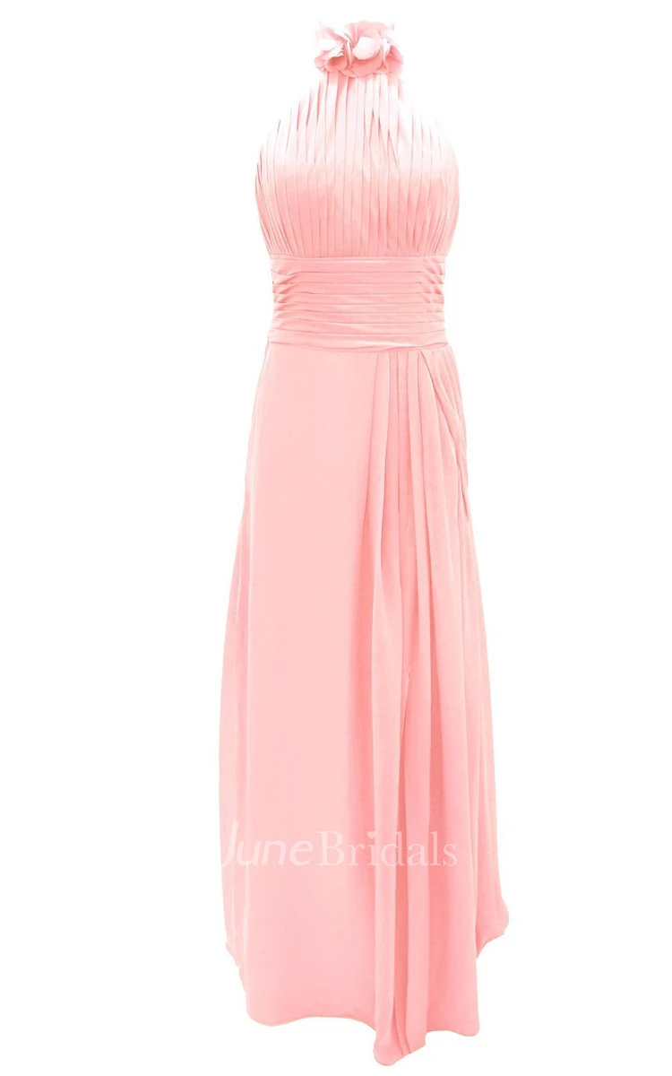 Floral Halter Pleated A-line Gown With Ruched Band