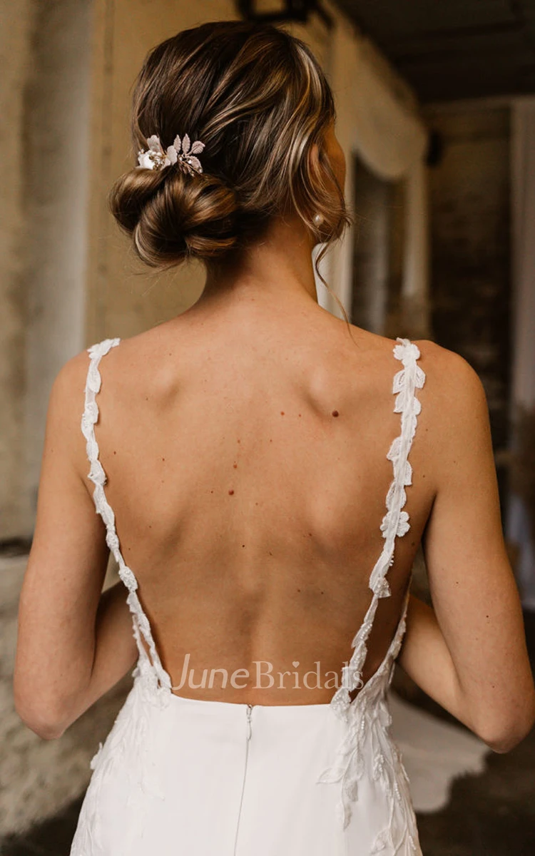 Sheath Satin Sexy Open Back Illusion Tulle Applique Elegant Trailing Wedding Dress