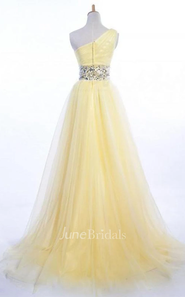 One-shoulder Long A-line Tulle Dress With Beaded Waist
