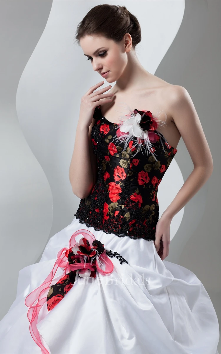 Floral One-Shoulder Pick-Up Gown with Beading and Appliques