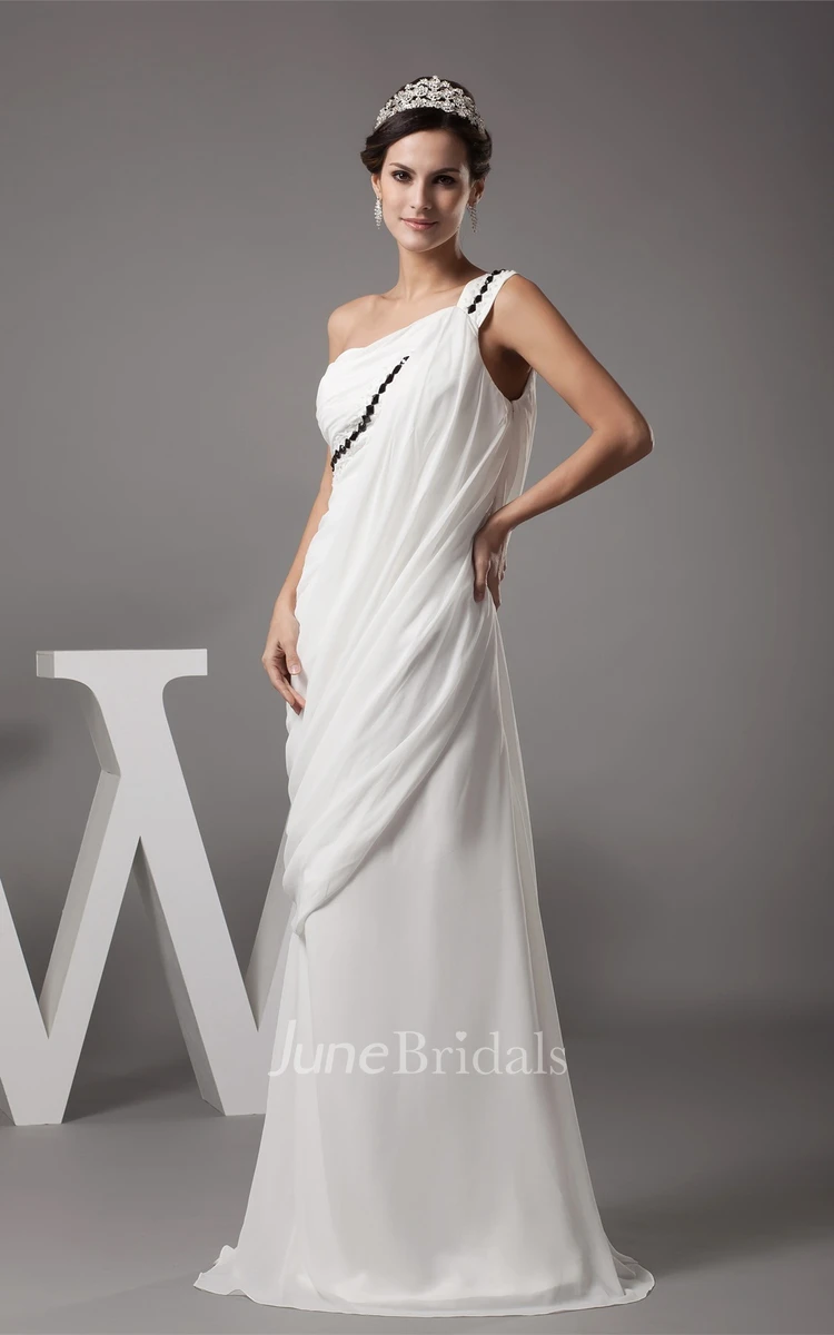One-Shoulder Ruched A-Line Floor-Length Dress with Ruffles and Sequins